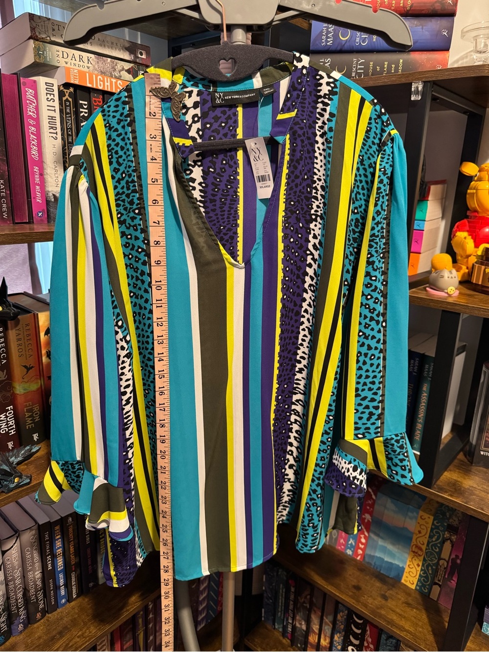 New York & Company Striped V-Neck Bell Sleeve Top